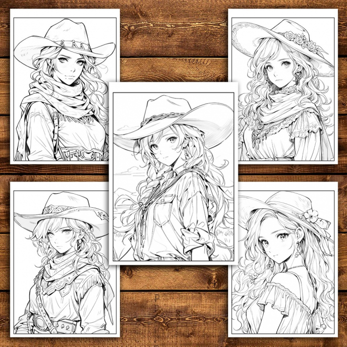 Carte de colorat pentru relaxare si antistres, 50 de ilustratii, Anime Wild West Girls - Volumul II, 106 pagini [5]