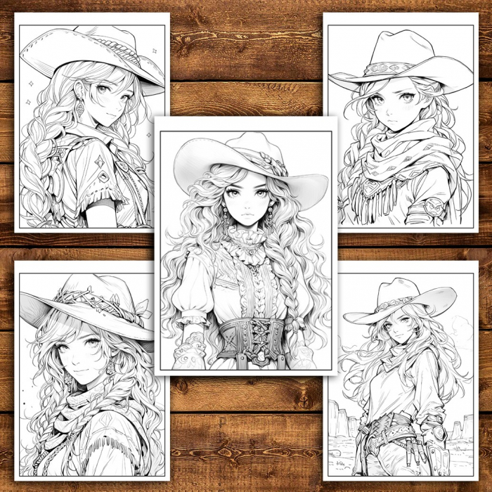 Carte de colorat pentru relaxare si antistres, 50 de ilustratii, Anime Wild West Girls - Volumul II, 106 pagini [4]