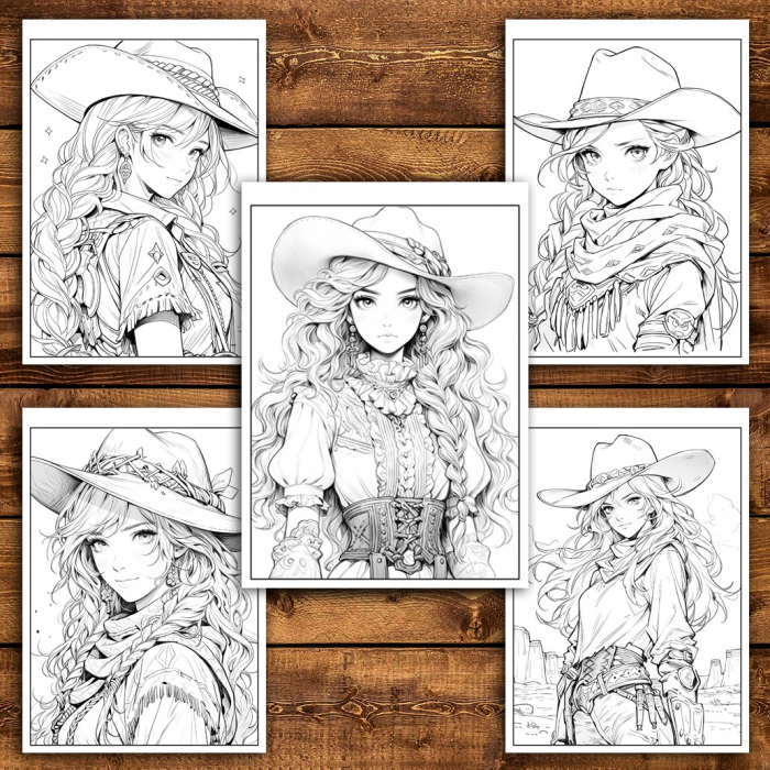 Carte de colorat pentru relaxare si antistres, 50 de ilustratii, Anime Wild West Girls - Volumul II, 106 pagini [4]