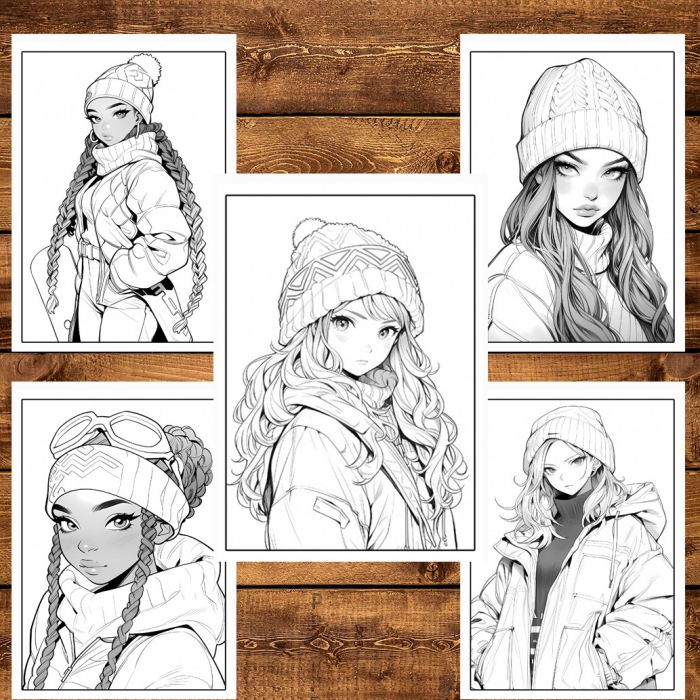 Carte de colorat pentru relaxare si antistres, 50 de ilustratii, Anime Winter Girls, 106 pagini [4]