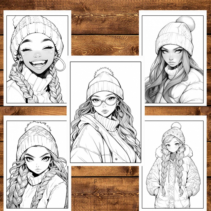 Carte de colorat pentru relaxare si antistres, 50 de ilustratii, Anime Winter Girls, 106 pagini [6]