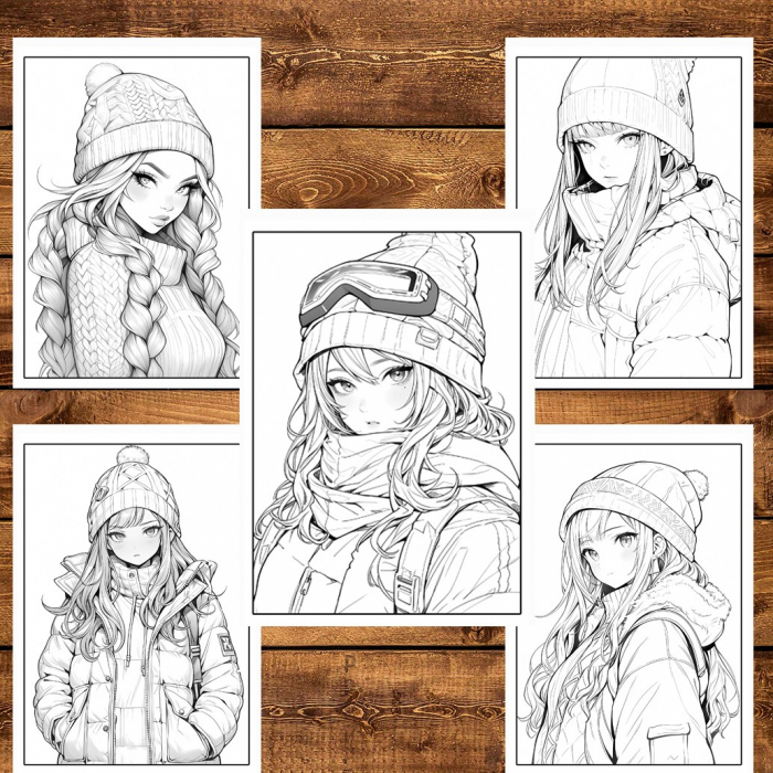 Carte de colorat pentru relaxare si antistres, 50 de ilustratii, Anime Winter Girls, 106 pagini [5]