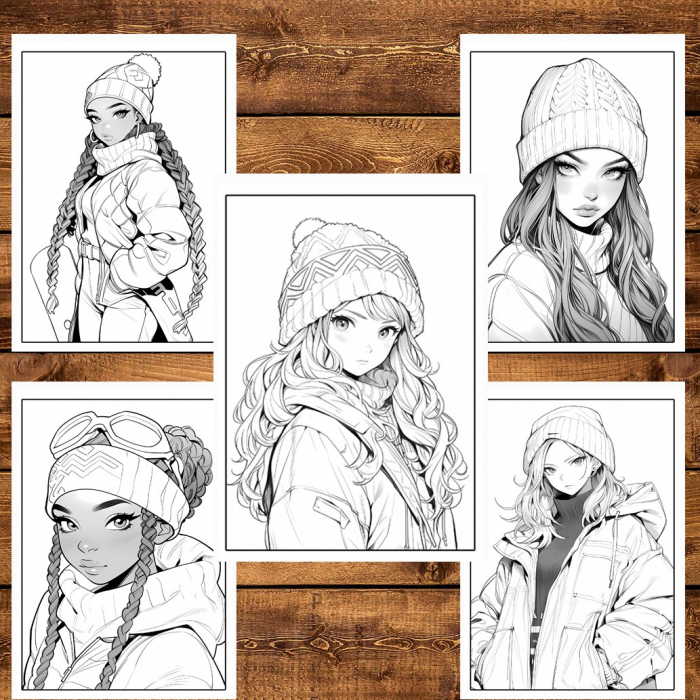 Carte de colorat pentru relaxare si antistres, 50 de ilustratii, Anime Winter Girls, 106 pagini [4]