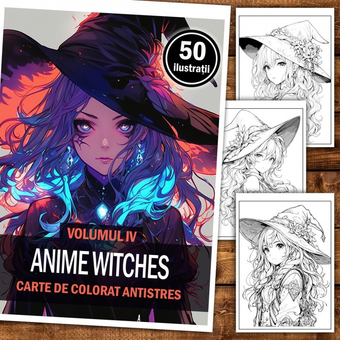 Carte de colorat pentru relaxare si antistres, 50 de ilustratii, Anime Witches - Volumul IV, 106 pagini [2]