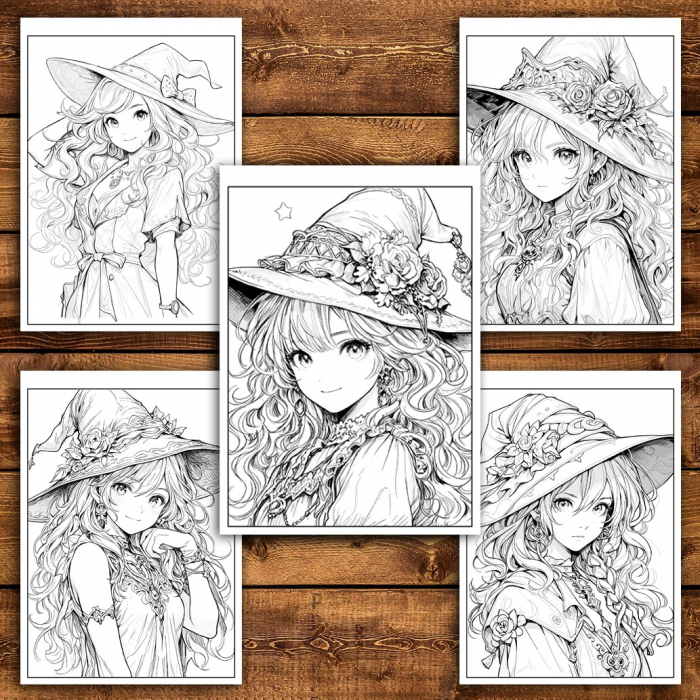 Carte de colorat pentru relaxare si antistres, 50 de ilustratii, Anime Witches - Volumul IV, 106 pagini [4]