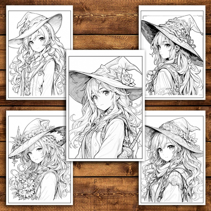 Carte de colorat pentru relaxare si antistres, 50 de ilustratii, Anime Witches - Volumul IV, 106 pagini [5]