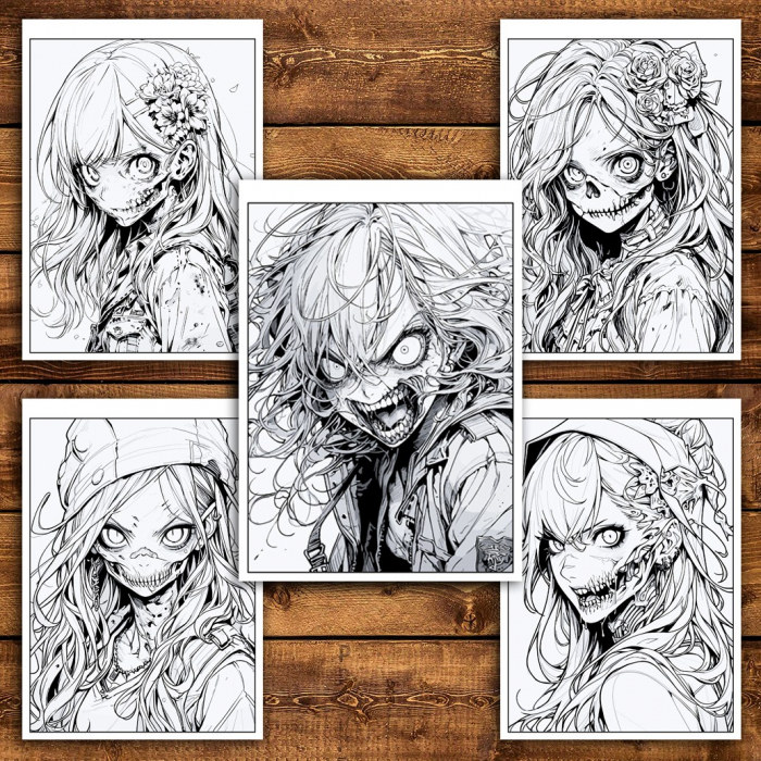 Carte de colorat pentru relaxare si antistres, 50 de ilustratii, Anime Zombie Girls, 106 pagini [5]