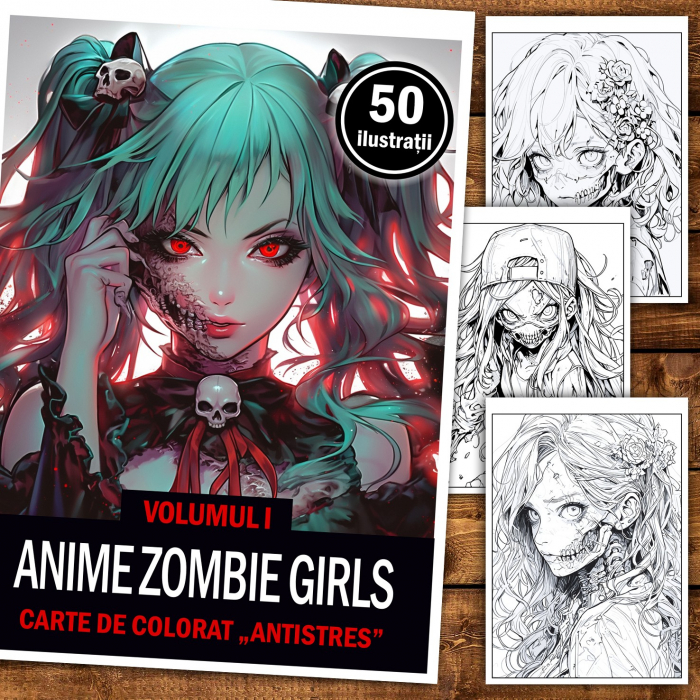 Carte de colorat pentru relaxare si antistres, 50 de ilustratii, Anime Zombie Girls, 106 pagini [2]
