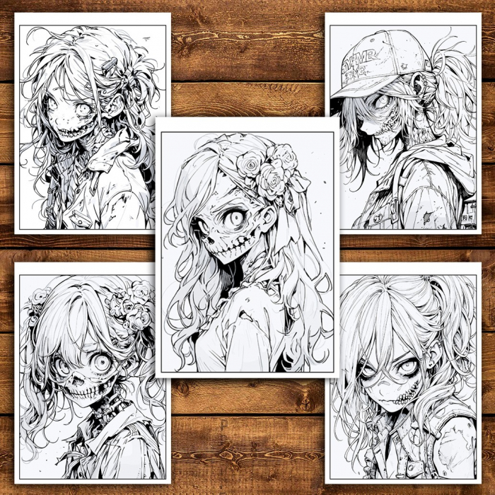 Carte de colorat pentru relaxare si antistres, 50 de ilustratii, Anime Zombie Girls, 106 pagini [4]