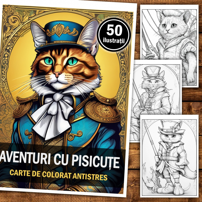 Carte de colorat pentru relaxare si antistres, 50 de ilustratii, Aventuri cu pisicute, 106 pagini [2]