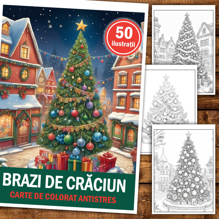Carte de colorat pentru relaxare si antistres, 50 de ilustratii, Brazi de Craciun, 106 pagini [2]