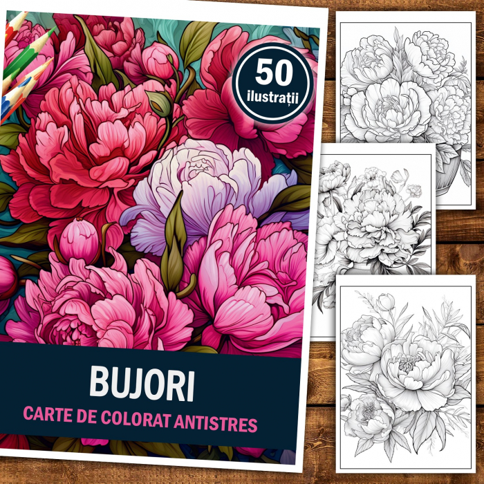 Carte de colorat pentru relaxare si antistres, 50 de ilustratii, Bujori, 106 pagini [2]