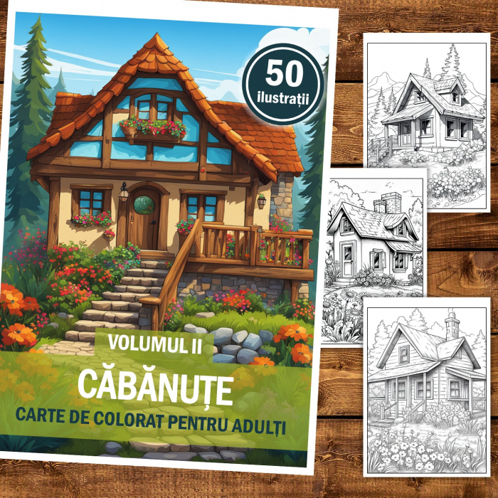 Carte de colorat pentru relaxare si antistres, 50 de ilustratii, Cabanute - Volumul II, 106 pagini [2]