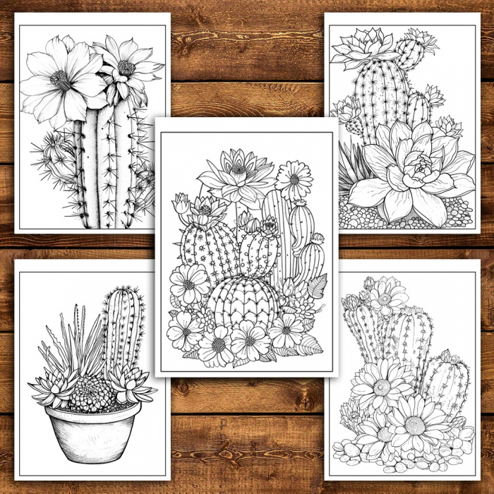 Carte de colorat pentru relaxare si antistres, 50 de ilustratii, Cactusi - Volumul I, 106 pagini [6]