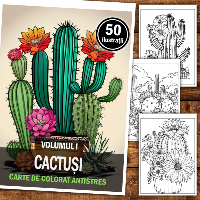 Carte de colorat pentru relaxare si antistres, 50 de ilustratii, Cactusi - Volumul I, 106 pagini [2]
