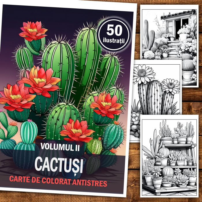 Carte de colorat pentru relaxare si antistres, 50 de ilustratii, Cactusi - Volumul II, 106 pagini [2]