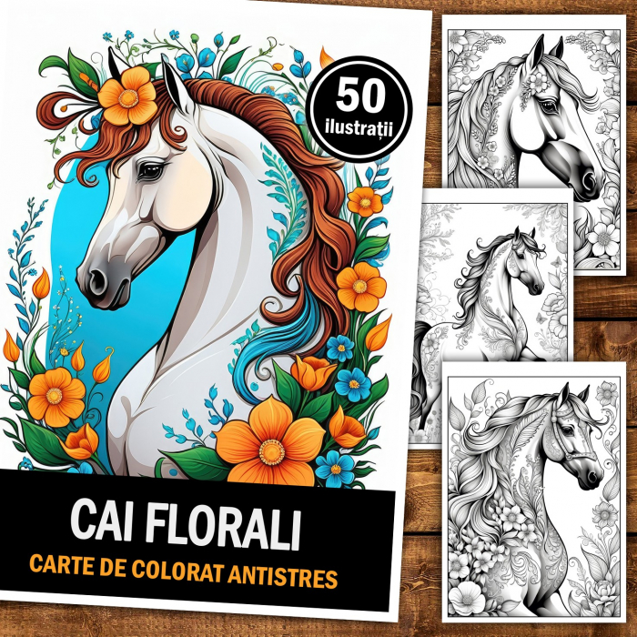 Carte de colorat pentru relaxare si antistres, 50 de ilustratii, Cai Florali, 106 pagini [2]