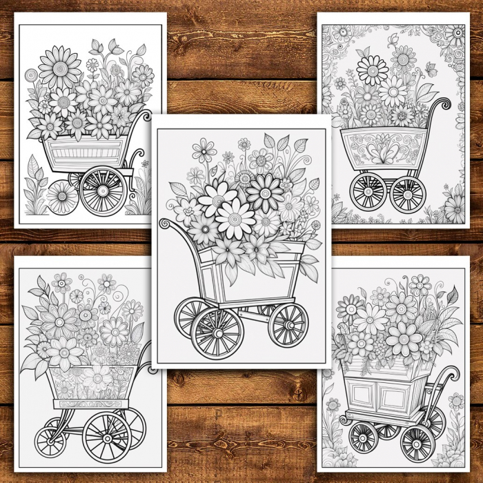 Carte de colorat pentru relaxare si antistres, 50 de ilustratii, Carucioare cu flori, 106 pagini [4]