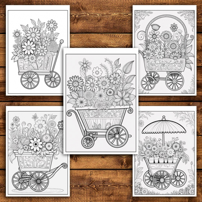 Carte de colorat pentru relaxare si antistres, 50 de ilustratii, Carucioare cu flori, 106 pagini [6]