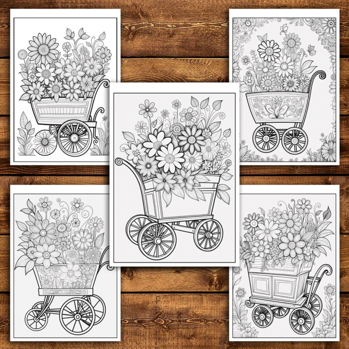 Carte de colorat pentru relaxare si antistres, 50 de ilustratii, Carucioare cu flori, 106 pagini [4]