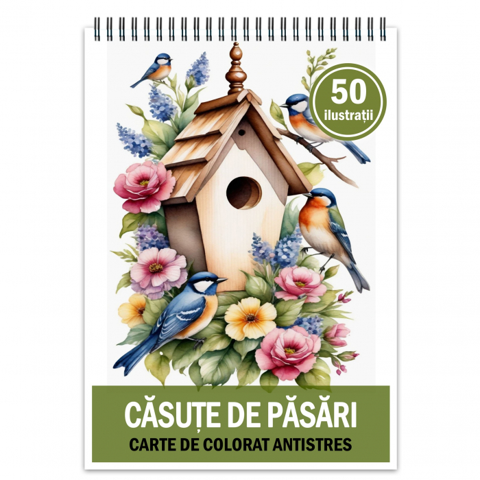 Carte de colorat pentru relaxare si antistres, 50 de ilustratii, Casute de pasari, 106 pagini [2]
