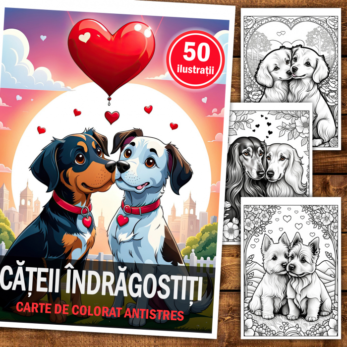 Carte de colorat pentru relaxare si antistres, 50 de ilustratii, Catei Indragostiti, 106 pagini [2]