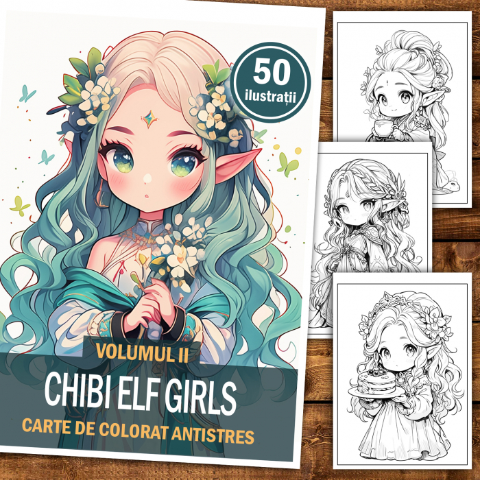 Carte de colorat pentru relaxare si antistres, 50 de ilustratii, Chibi Elf Girls, 106 pagini [2]