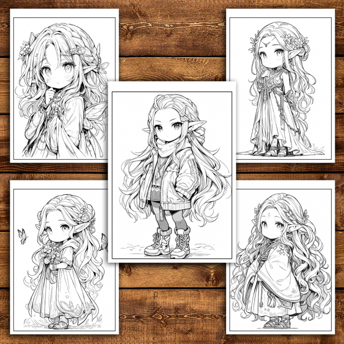 Carte de colorat pentru relaxare si antistres, 50 de ilustratii, Chibi Elf Girls, 106 pagini [5]