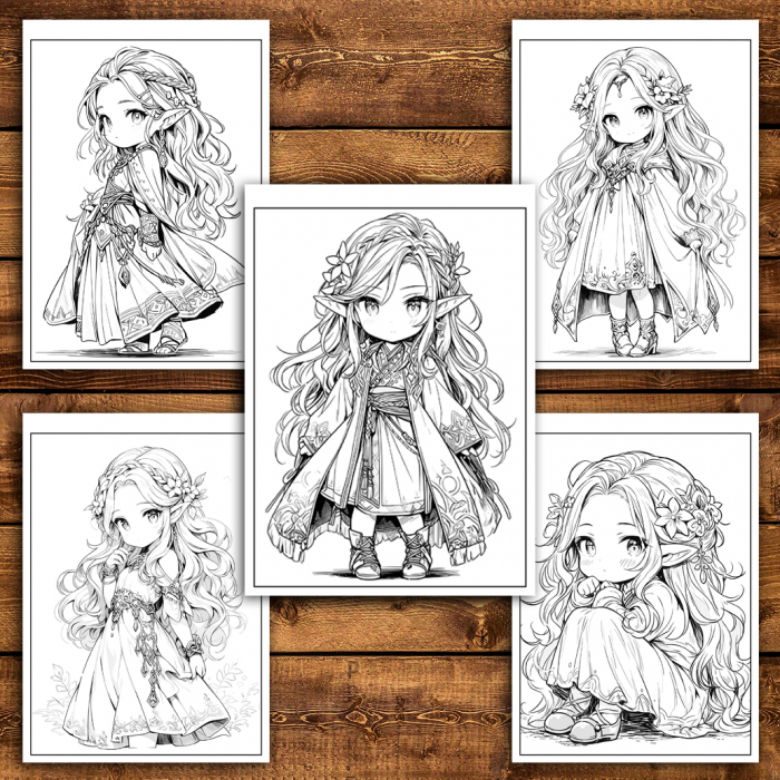 Carte de colorat pentru relaxare si antistres, 50 de ilustratii, Chibi Elf Girls, 106 pagini [4]