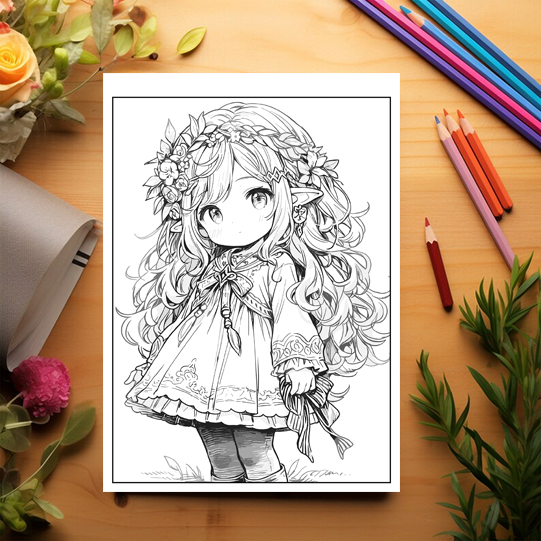 Carte de colorat pentru relaxare si antistres, 50 de ilustratii, Chibi Elf Girls, 106 pagini [3]
