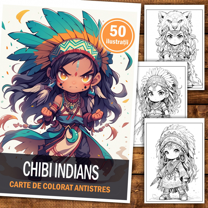 Carte de colorat pentru relaxare si antistres, 50 de ilustratii, Chibi Indians, 106 pagini [2]