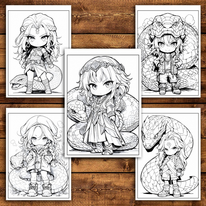 Carte de colorat pentru relaxare si antistres, 50 de ilustratii, Chibi Snake Girls, 106 pagini [5]