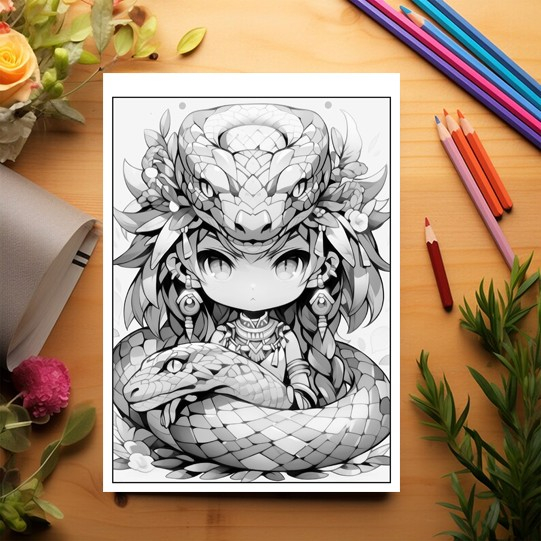 Carte de colorat pentru relaxare si antistres, 50 de ilustratii, Chibi Snake Girls, 106 pagini [3]