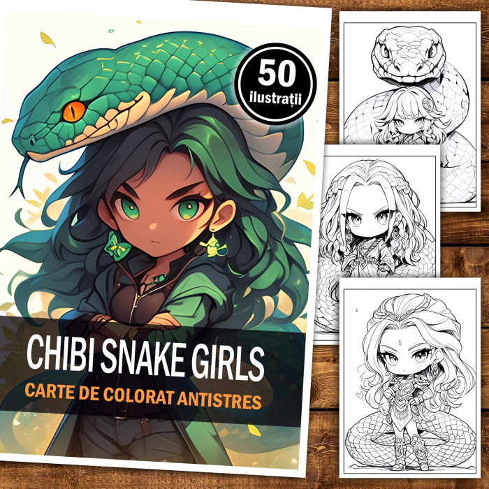 Carte de colorat pentru relaxare si antistres, 50 de ilustratii, Chibi Snake Girls, 106 pagini [2]