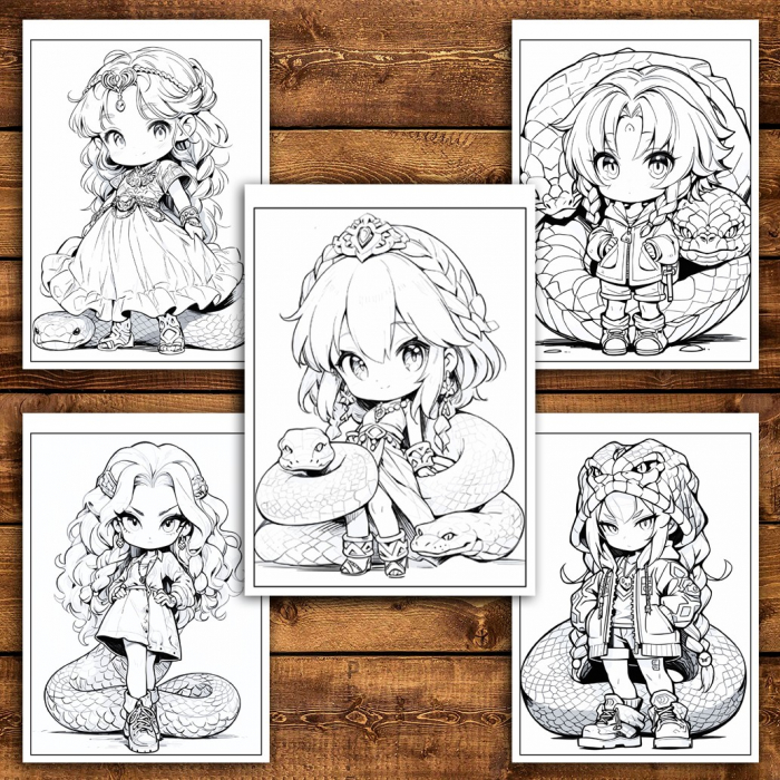 Carte de colorat pentru relaxare si antistres, 50 de ilustratii, Chibi Snake Girls, 106 pagini [4]