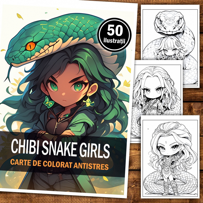 Carte de colorat pentru relaxare si antistres, 50 de ilustratii, Chibi Snake Girls, 106 pagini [2]
