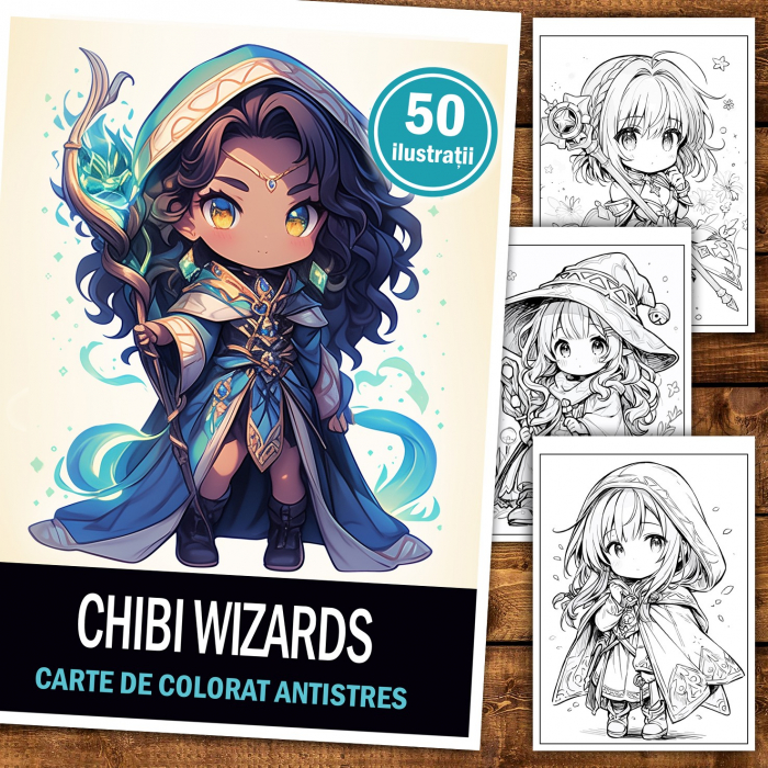 Carte de colorat pentru relaxare si antistres, 50 de ilustratii, Chibi Wizards, 106 pagini [1]