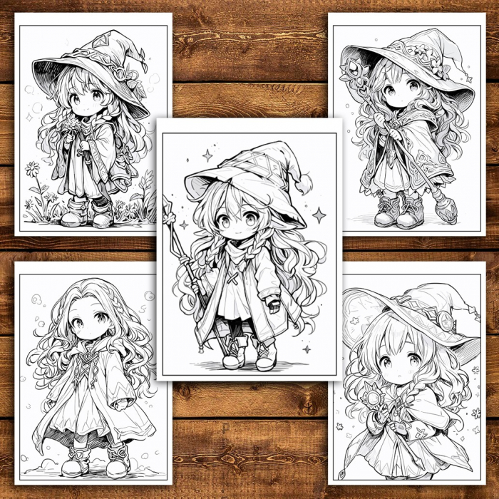 Carte de colorat pentru relaxare si antistres, 50 de ilustratii, Chibi Wizards, 106 pagini [5]
