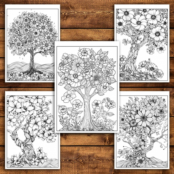 Carte de colorat pentru relaxare si antistres, 50 de ilustratii, Copaci Infloriti, 106 pagini [5]
