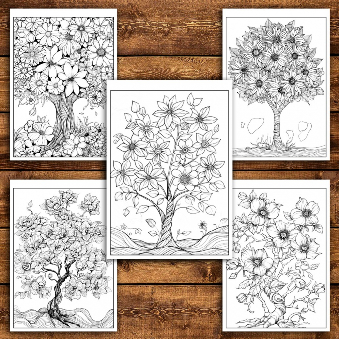 Carte de colorat pentru relaxare si antistres, 50 de ilustratii, Copaci Infloriti, 106 pagini [4]