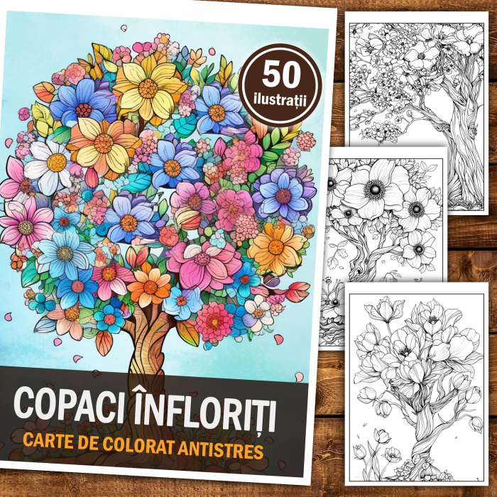 Carte de colorat pentru relaxare si antistres, 50 de ilustratii, Copaci Infloriti, 106 pagini [2]