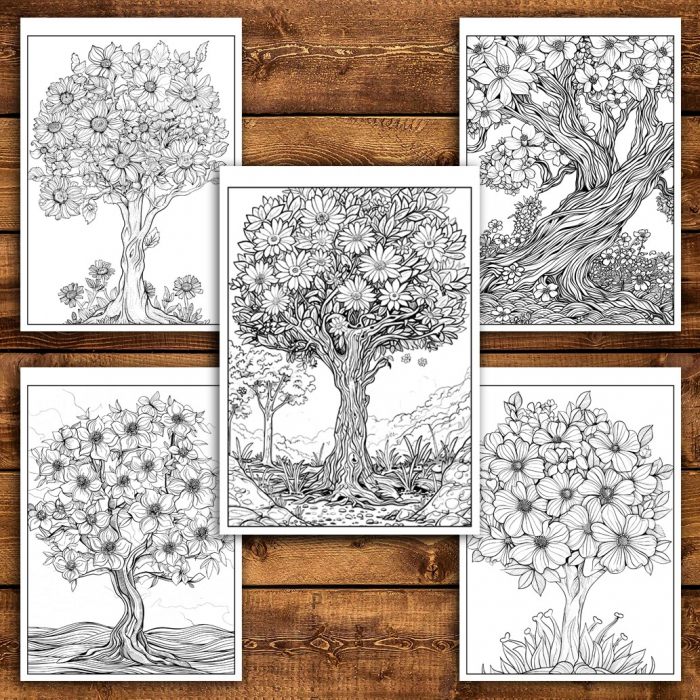 Carte de colorat pentru relaxare si antistres, 50 de ilustratii, Copaci Infloriti, 106 pagini [6]