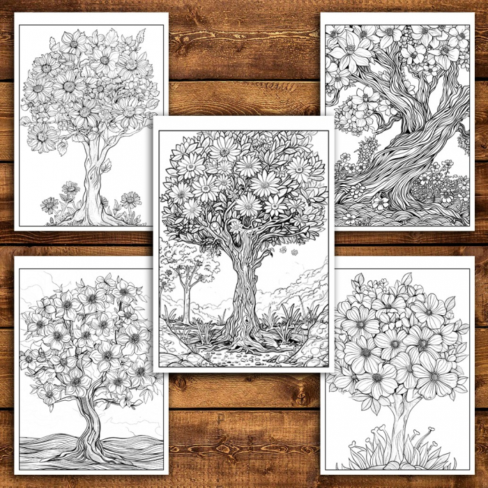 Carte de colorat pentru relaxare si antistres, 50 de ilustratii, Copaci Infloriti, 106 pagini [6]