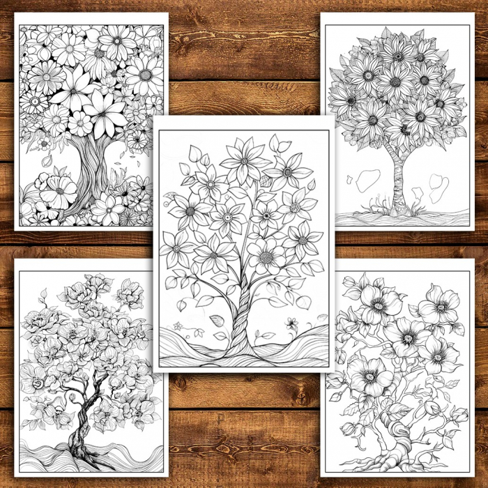 Carte de colorat pentru relaxare si antistres, 50 de ilustratii, Copaci Infloriti, 106 pagini [4]