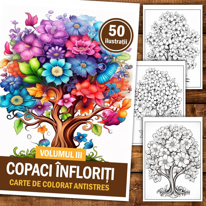 Carte de colorat pentru relaxare si antistres, 50 de ilustratii, Copaci Infloriti - Volumul III, 106 pagini [2]