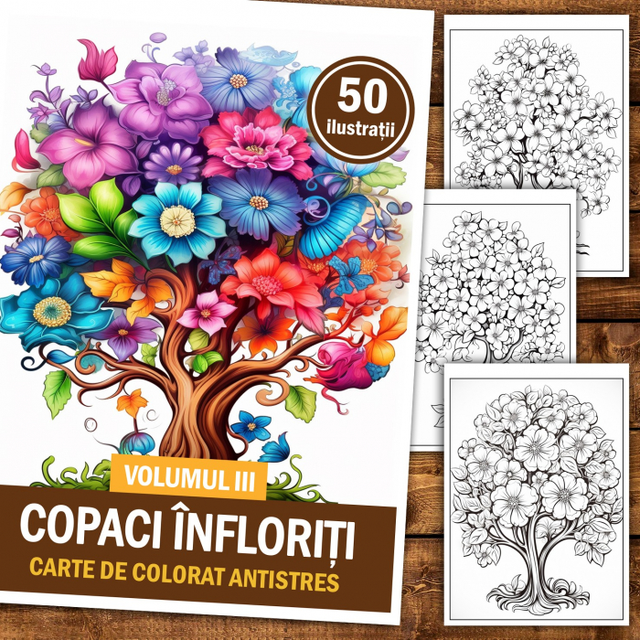 Carte de colorat pentru relaxare si antistres, 50 de ilustratii, Copaci Infloriti - Volumul III, 106 pagini [2]