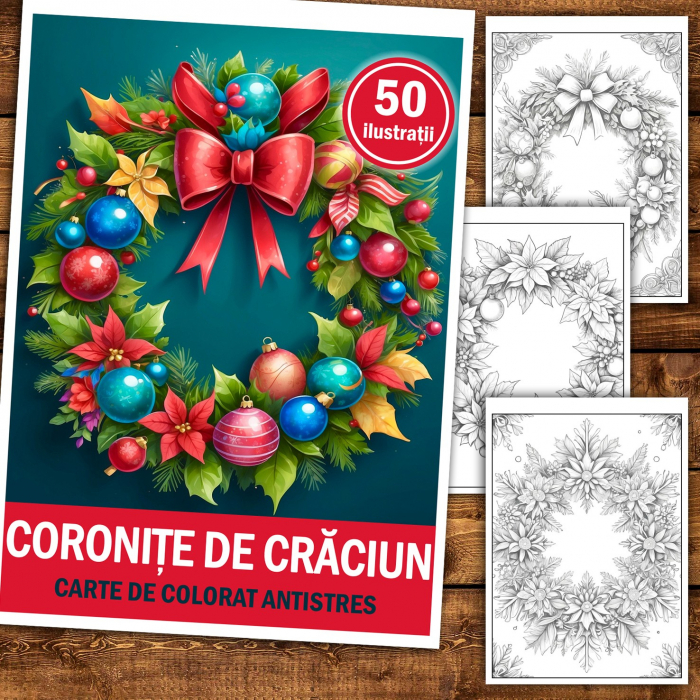 Carte de colorat pentru relaxare si antistres, 50 de ilustratii, Coronite De Craciun, 106 pagini [2]