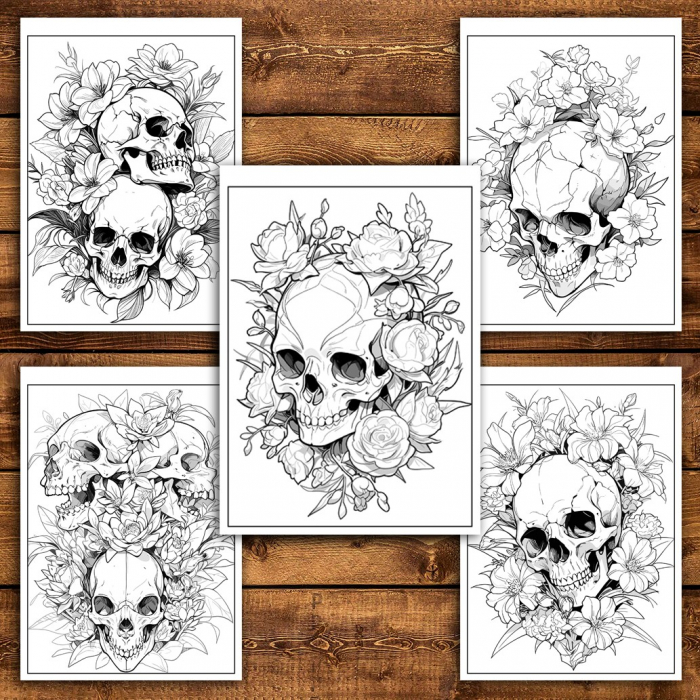 Carte de colorat pentru relaxare si antistres, 50 de ilustratii, Cranii Florale - Volumul II, 106 pagini [5]