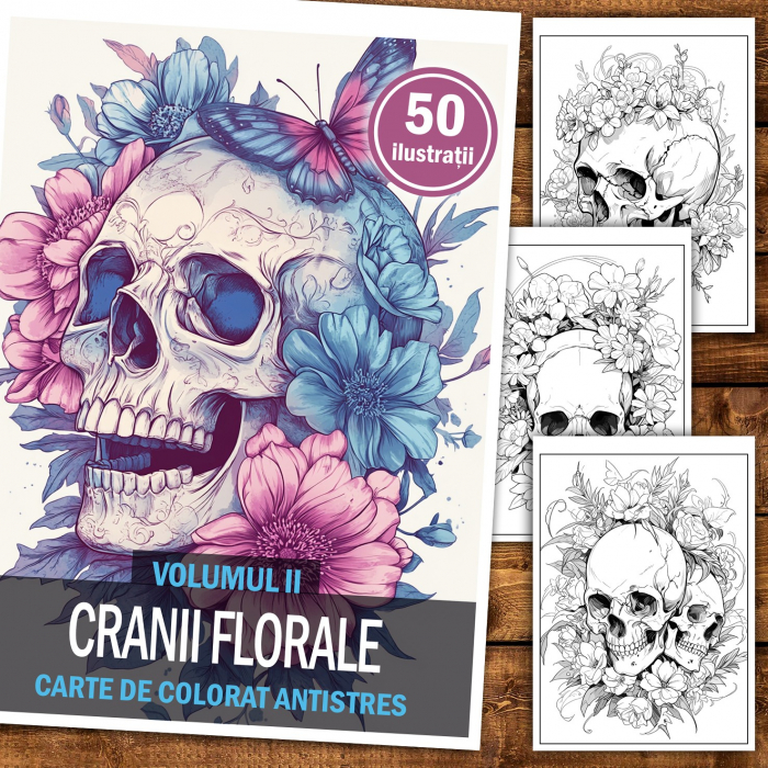 Carte de colorat pentru relaxare si antistres, 50 de ilustratii, Cranii Florale - Volumul II, 106 pagini [2]