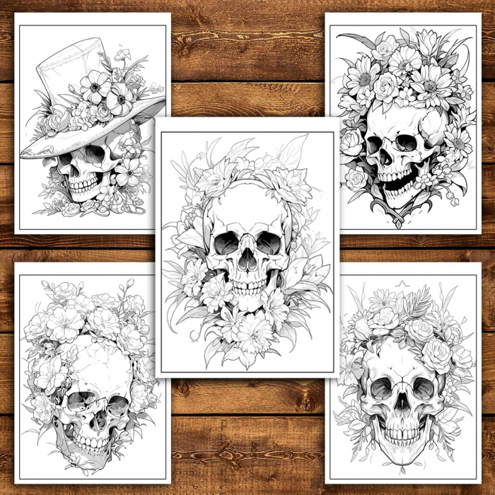 Carte de colorat pentru relaxare si antistres, 50 de ilustratii, Cranii Florale - Volumul II, 106 pagini [4]